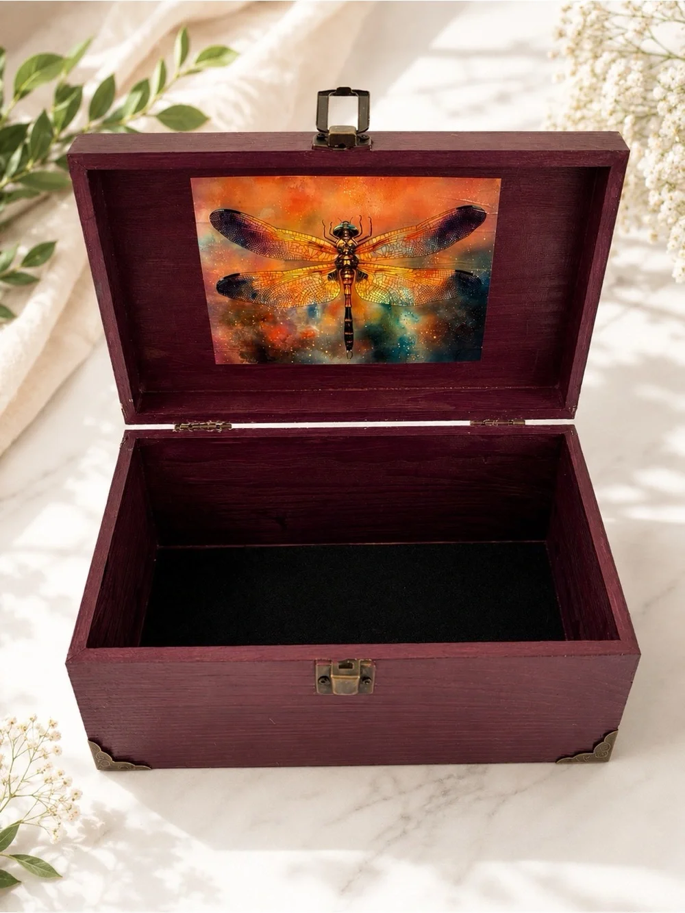 Dragonfly Keepsake Jewelry Box - Purple Wood with Orange Artwork